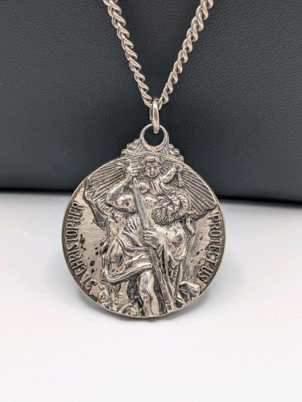 M. De Jean Vintage Sterling Silver St Christopher Protect Us Pendant Charm 27.9g